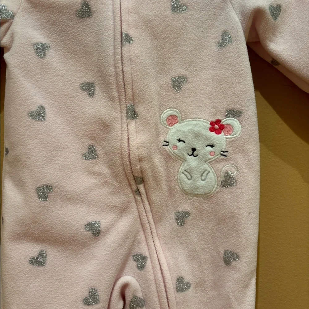 Child of Mine Footed Zip Up Pajamas Sleepwear Pink With Hearts Size 0-3 Months